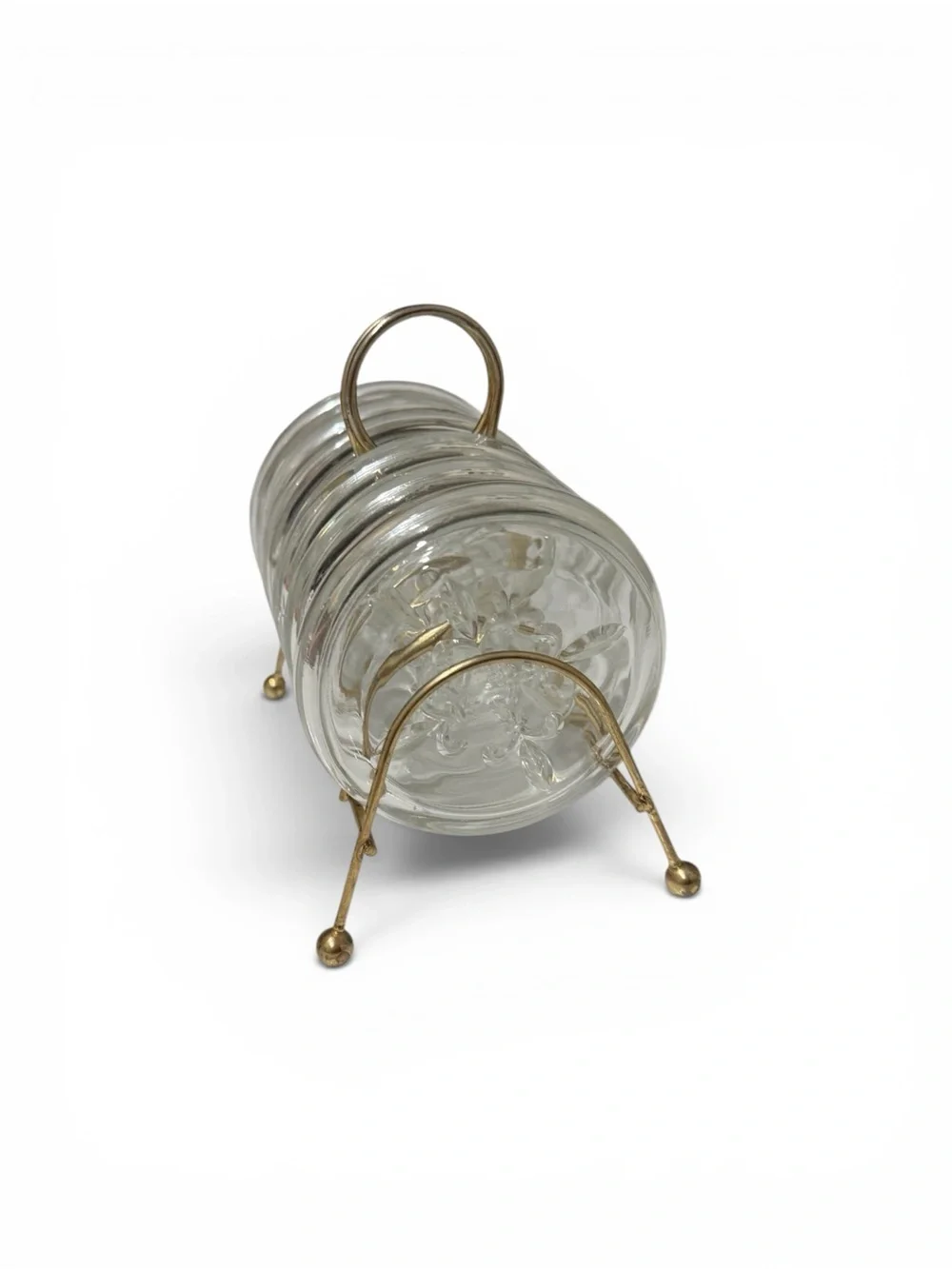 Vintage Mid‑Century Modern Glass Coasters & Brass Caddy – Fleur‑de‑Lis Set of 6